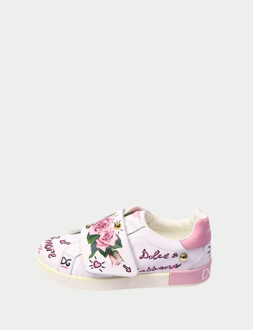 Dolce & Gabbana white leather floral sneakers with pink accents and logo details