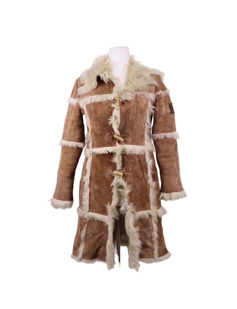 Brown shearling-style coat by Dolce & Gabbana featuring faux-fur trim, toggle front closures, and paneled design