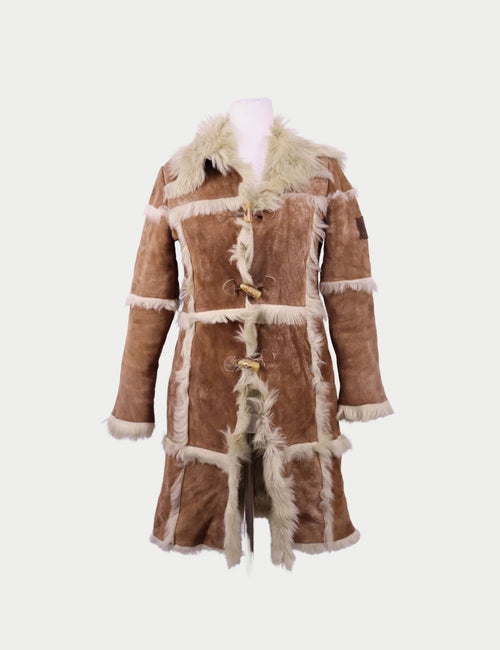Brown shearling-style coat by Dolce & Gabbana featuring faux-fur trim, toggle front closures, and paneled design