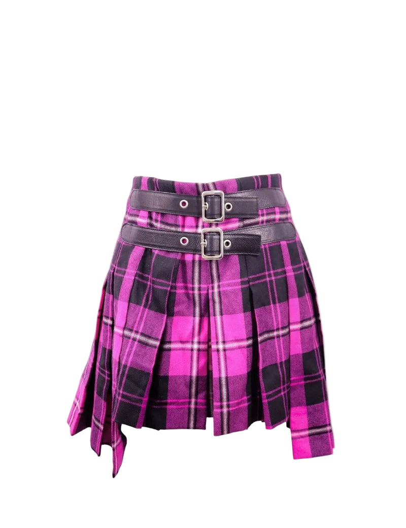 Pink and purple plaid pleated mini skirt by Dolce & Gabbana featuring double buckle waist detail and asymmetric hem
