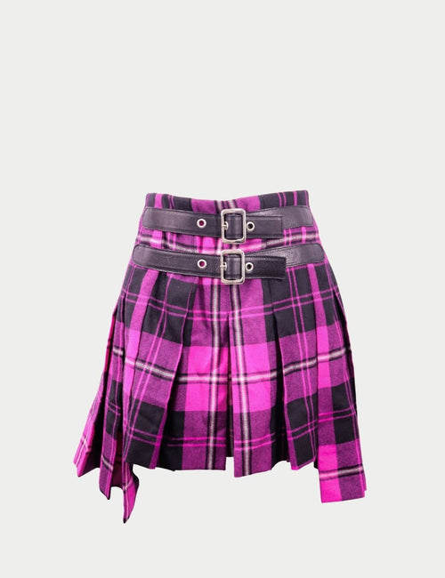 Pink and purple plaid pleated mini skirt by Dolce & Gabbana featuring double buckle waist detail and asymmetric hem