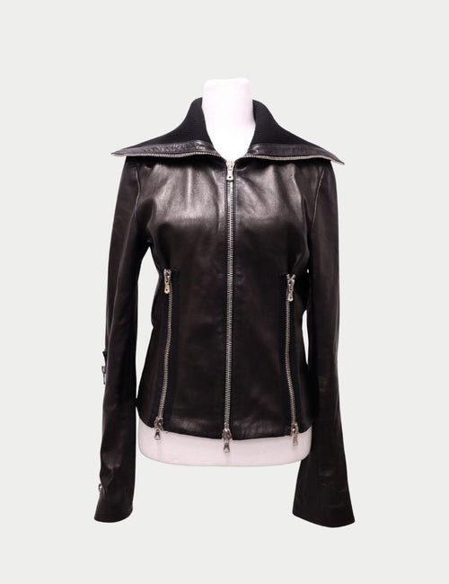 Dolce & Gabbana black leather jacket with high collar and multiple zippers