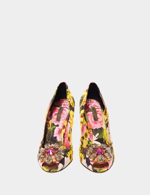 Dolce & Gabbana floral print peep-toe heels with crystal embellishments on the toe, featuring multicolor fabric and jeweled flower design