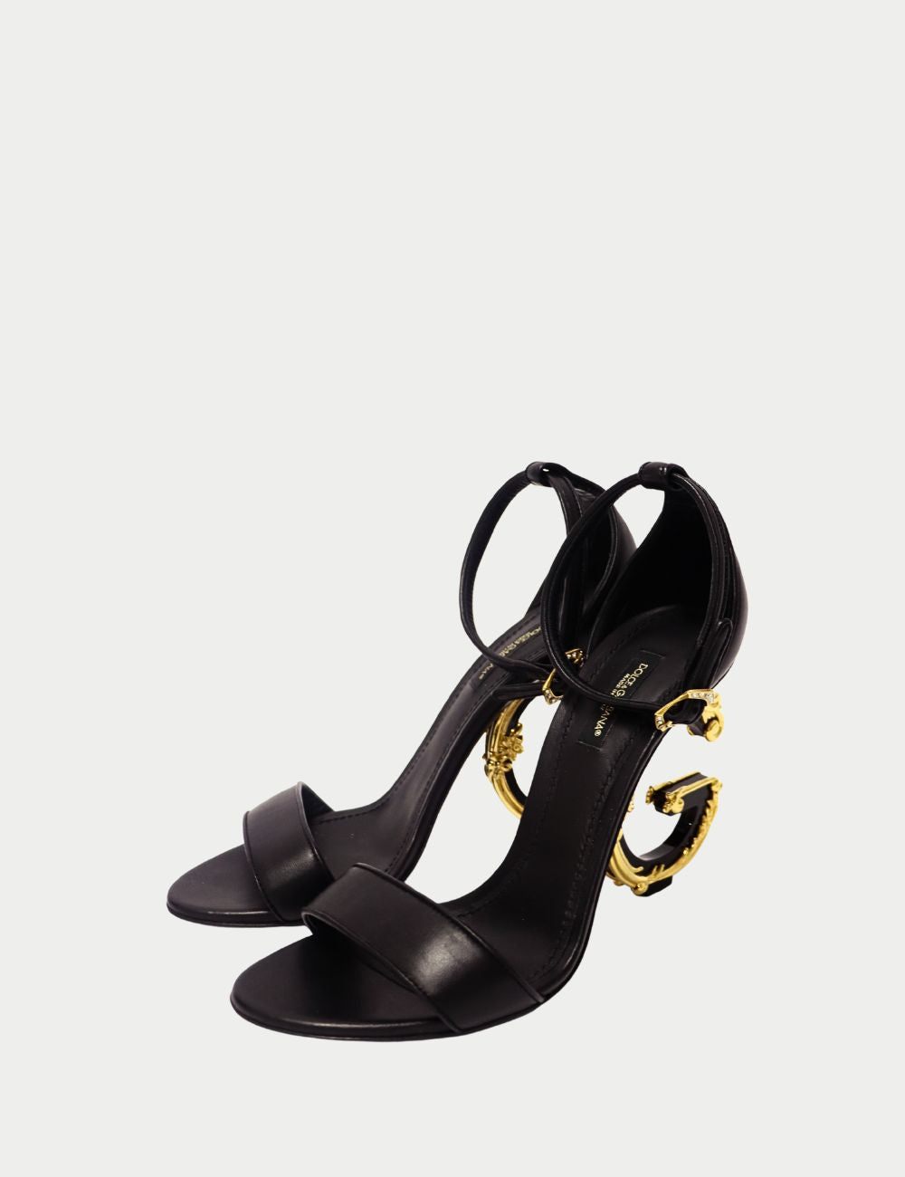 Dolce Gabbana Black Leather Sandals with Gold Baroque Heel