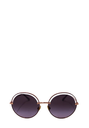 Authentic Dolce & Gabbana round burgundy metal sunglasses with rose gold detailing and grey gradient lenses.