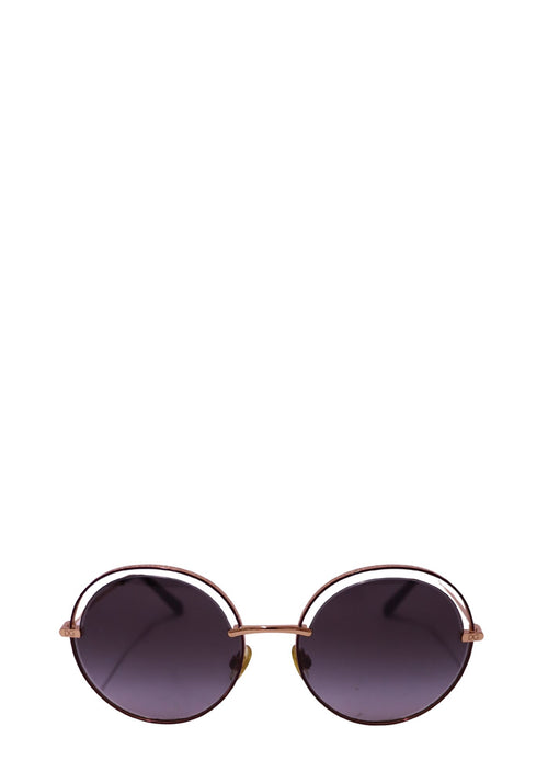 Authentic Dolce & Gabbana round burgundy metal sunglasses with rose gold detailing and grey gradient lenses.