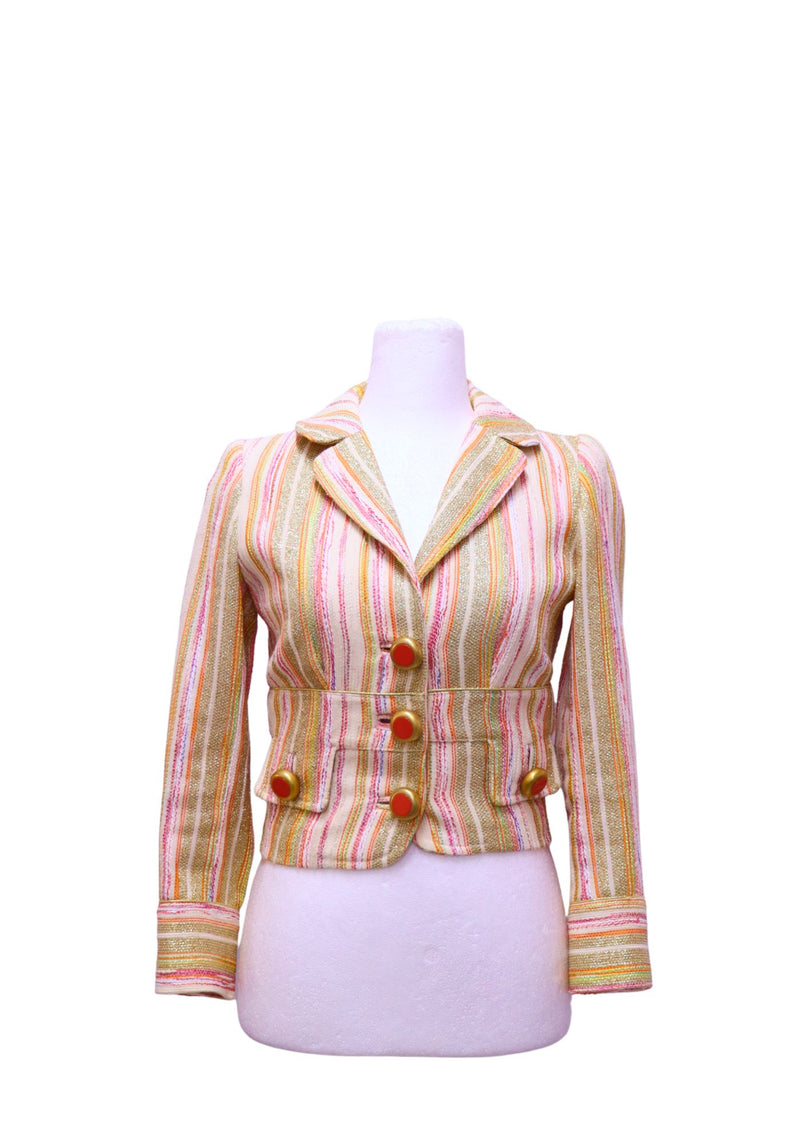 Authentic Dolce & Gabbana cropped blazer in multicolored metallic striped fabric with gold and coral statement buttons.