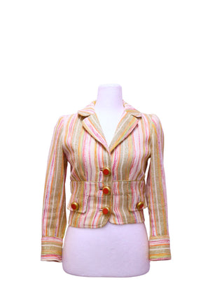 Authentic Dolce & Gabbana cropped blazer in multicolored metallic striped fabric with gold and coral statement buttons.