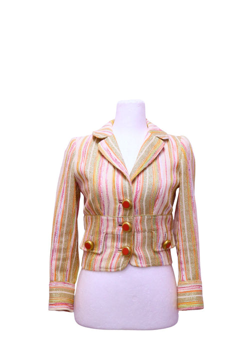 Authentic Dolce & Gabbana cropped blazer in multicolored metallic striped fabric with gold and coral statement buttons.