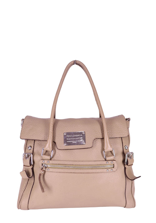 Dolce & Gabbana beige textured leather satchel bag with chain strap and front zip pocket