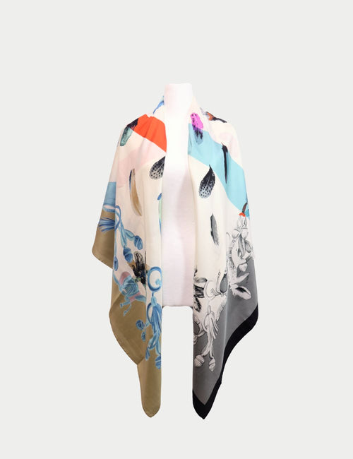 Escada Colorful Silk Scarf – Multicolor designer silk wrap with feather and floral prints