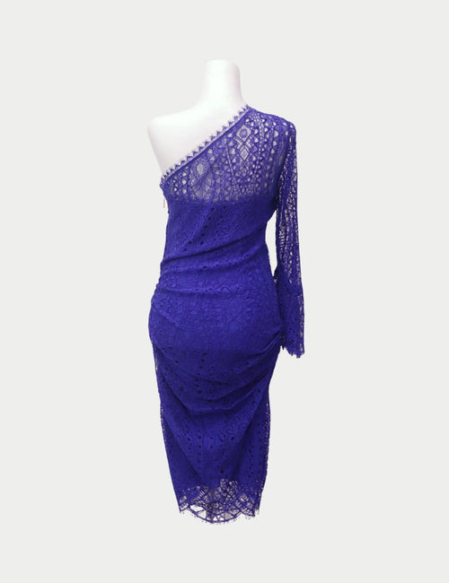 Emilio Pucci one-shoulder knee-length dress in vibrant cobalt blue lace with asymmetrical sleeve and ruched detailing