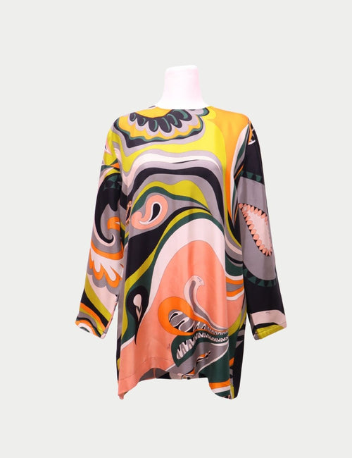 Emilio Pucci multicolor silk tunic top with signature psychedelic swirl print