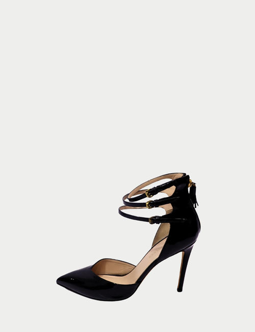 Emilio Pucci black patent leather stiletto heels with triple ankle straps and pointed toe
