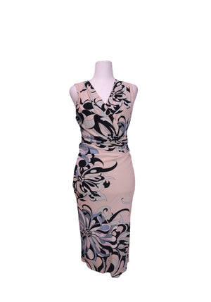 Emilio Pucci blush pink sleeveless wrap midi dress with signature floral print, V-neckline, and ruched waist detailing.