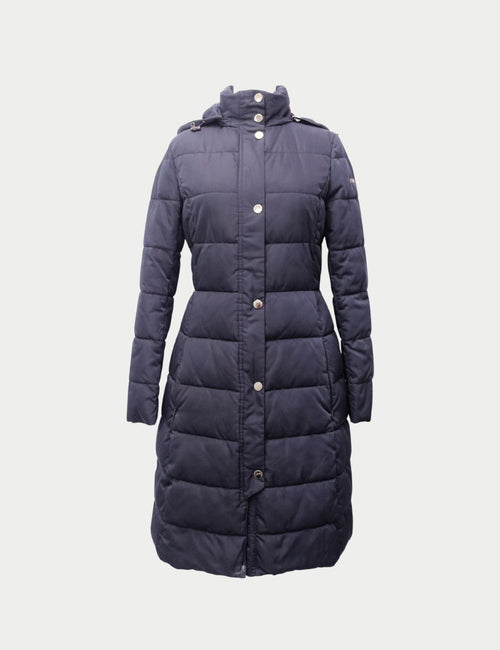 Emporio Armani navy long puffer coat with high collar, snap button closure, and quilted design