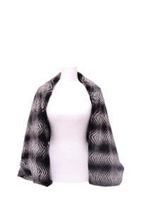 Emporio Armani grey and black fur-look stole featuring a distinctive chevron zigzag pattern, plush velvety texture and wide draped silhouette
