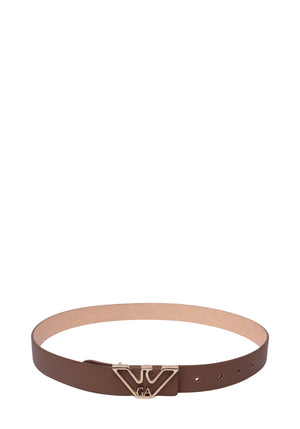 Emporio Armani chocolate-brown textured leather belt featuring a gold-tone geometric logo buckle, GA lettering, adjustable holes and a smooth tan underside.