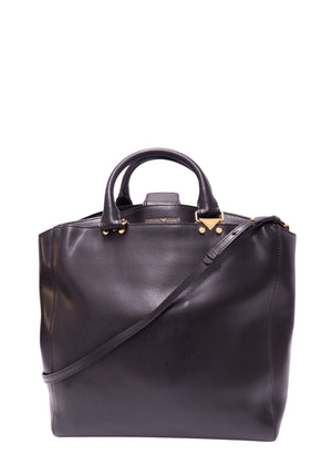 Emporio Armani black leather structured tote bag featuring double rounded top handles, long shoulder strap, gold-tone logo lettering and triangular hardware