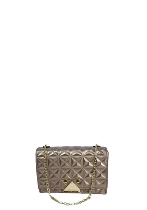 Emporio Armani metallic gold crossbody bag with geometric quilted pattern, gold-tone chain strap, structured flap closure, and signature logo hardware