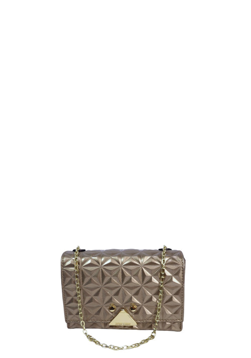 Emporio Armani metallic gold crossbody bag with geometric quilted pattern, gold-tone chain strap, structured flap closure, and signature logo hardware