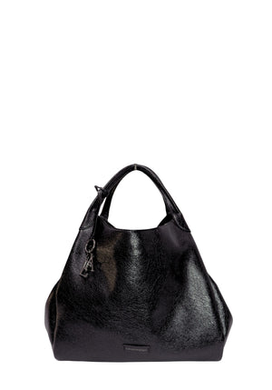Emporio Armani black pebbled leather hobo shoulder bag featuring a slouchy silhouette, silver-tone logo charm, embossed front logo plaque