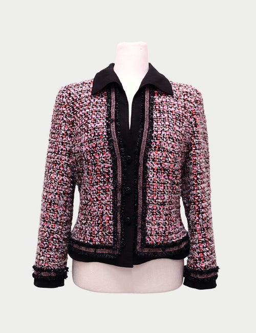 Escada multicolour pink and black tweed jacket with black collar and trim