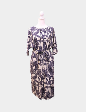 Escada navy and white botanical print midi dress with self-tie belt and elbow sleeves

