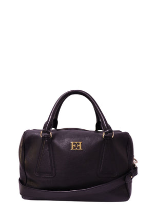 Escada black pebbled leather top handle bag with gold-tone logo hardware, dual handles, detachable shoulder strap, and zip-top closure 