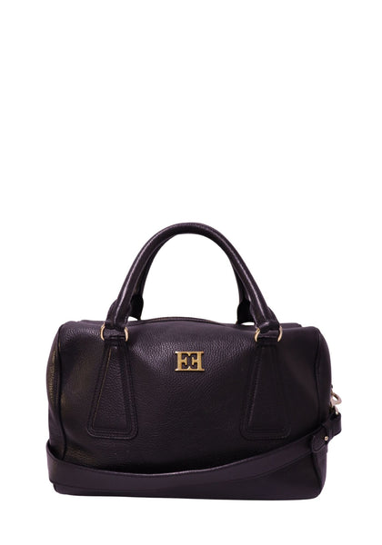 Escada black pebbled leather top handle bag with gold-tone logo hardware, dual handles, detachable shoulder strap, and zip-top closure 