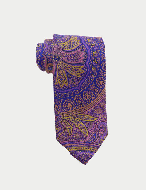 Etro paisley silk tie in purple, gold, and blue with Italian craftsmanship