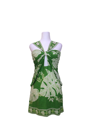 Farm Rio green and white tropical print halter mini dress featuring a front knot detail, keyhole cut-out, and botanical leaf print.