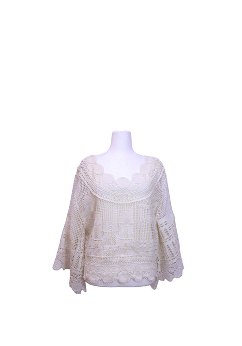 Farm Rio off-white crochet blouse featuring an intricate cityscape motif, floral lace neckline, relaxed fit, and three-quarter sleeves