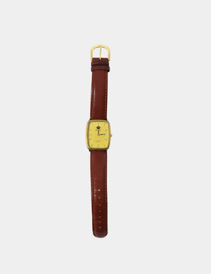 "Favre Leuba King Hussein watch with gold-tone rectangular dial and brown leather strap"

