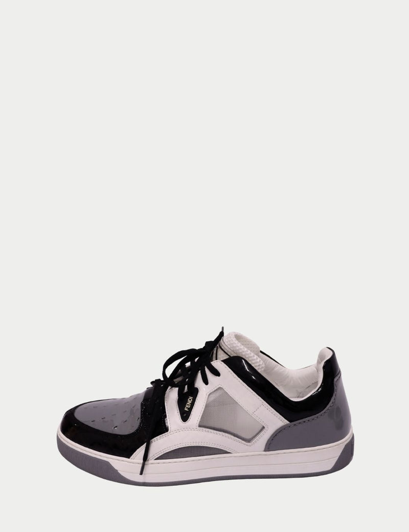 Fendi men’s sneakers in black, grey, and white with patent leather and mesh panels