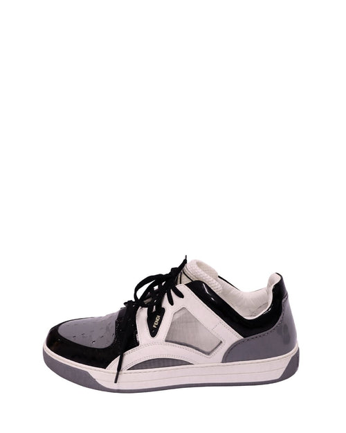 Fendi men’s black, grey and white patent leather sneakers with mesh panels