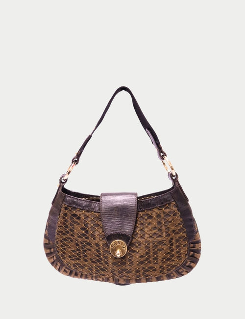 Fendi vintage brown woven shoulder bag with dark leather trim and gold button closure
