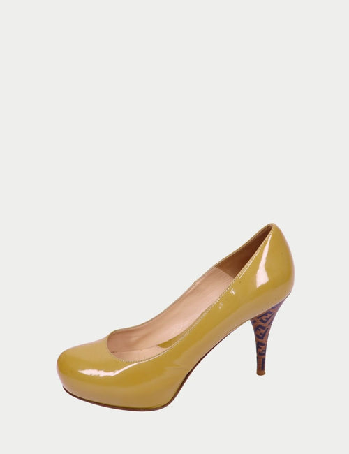 Fendi mustard patent leather platform pumps with logo stiletto heel
