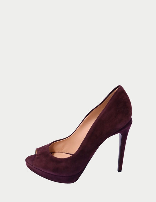 Fendi burgundy suede peep-toe platform pumps with high stiletto heel