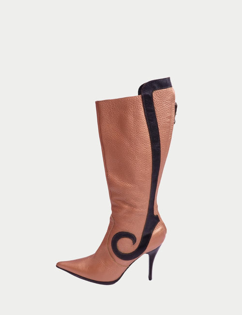 Fendi rose gold and brown leather knee-high boots with pointed toe and stiletto heel