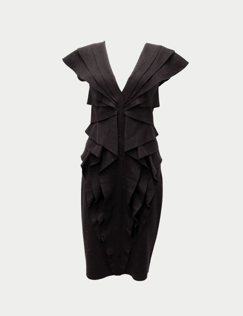 Fendi black sculptural cocktail dress with layered ruffles and deep V-neck
