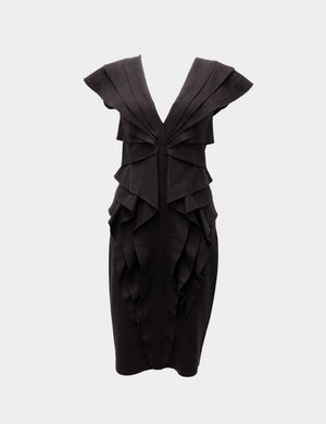 Fendi black sculptural cocktail dress with layered ruffles and deep V-neck