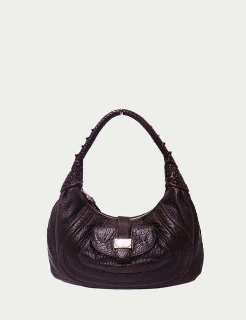Fendi Brown Textured Leather Shoulder Bag with Braided Handle and Silver Hardware