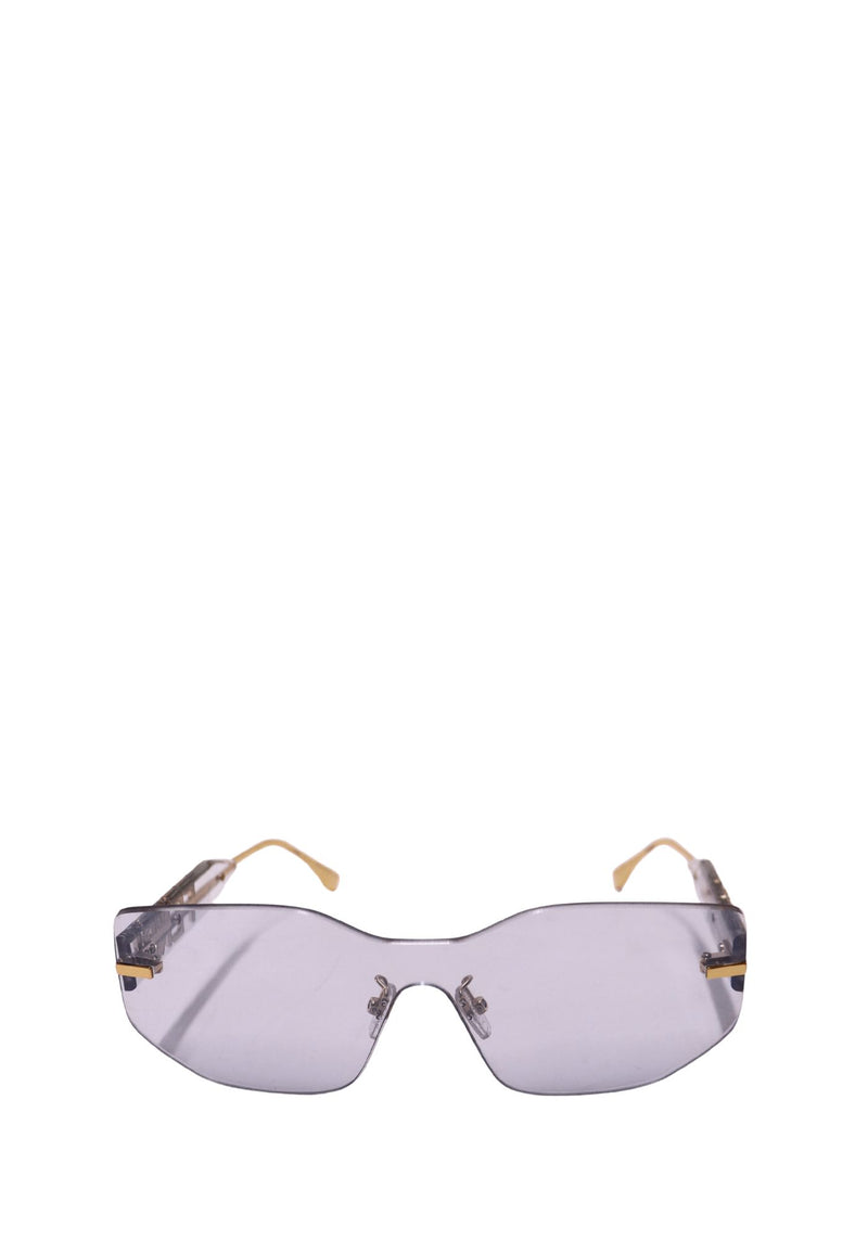 Fendi rimless blue shield sunglasses with rectangular tinted lenses and gold-tone arms