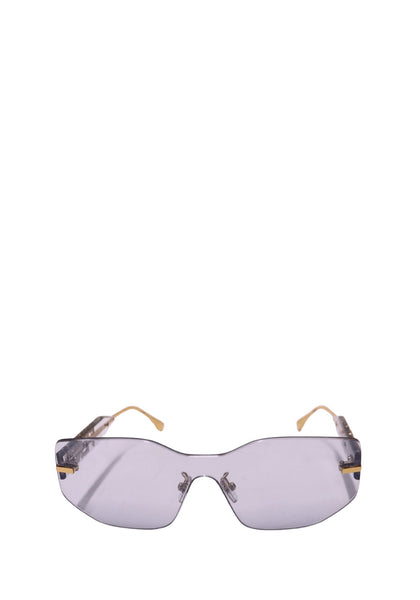 Fendi rimless blue shield sunglasses with rectangular tinted lenses and gold-tone arms