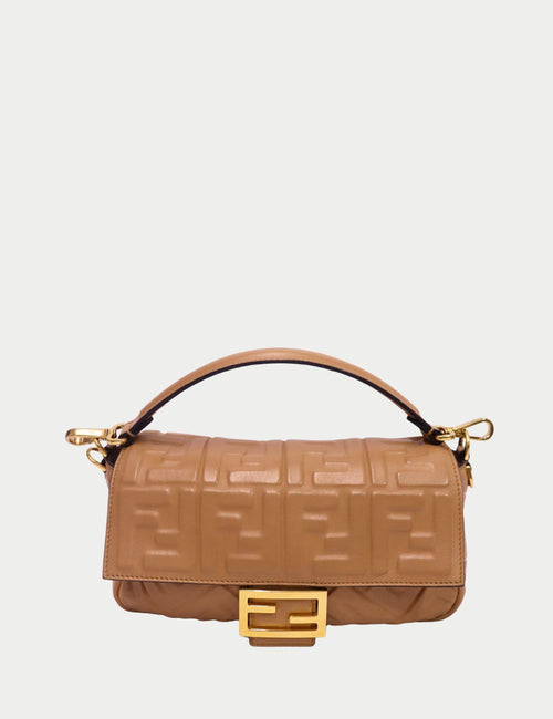 Fendi tan leather Baguette bag with embossed FF logo, gold clasp, and top handle