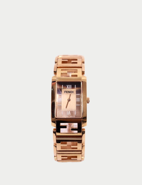 Fendi gold-tone rectangular Swiss-made women’s watch with Roman numeral dial and signature FF logo link bracelet