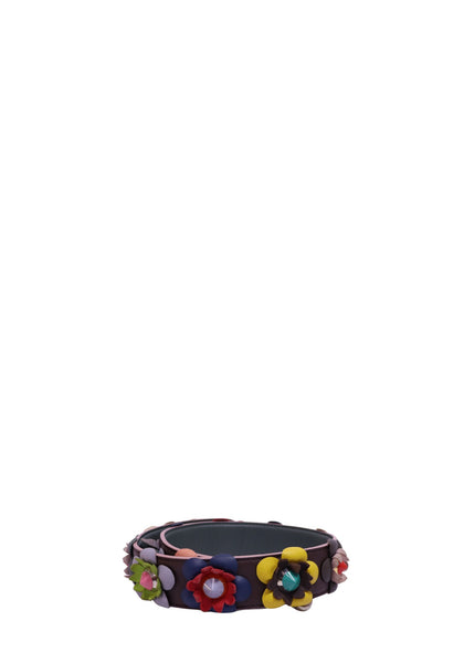 Fendi leather shoulder strap featuring multicolored floral appliqués, decorative resin embellishments, and silver-tone hardware.