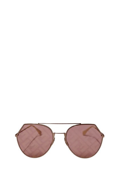 Authentic Fendi oversized rose gold shield sunglasses with pink FF monogram logo lenses and slim metal frame.