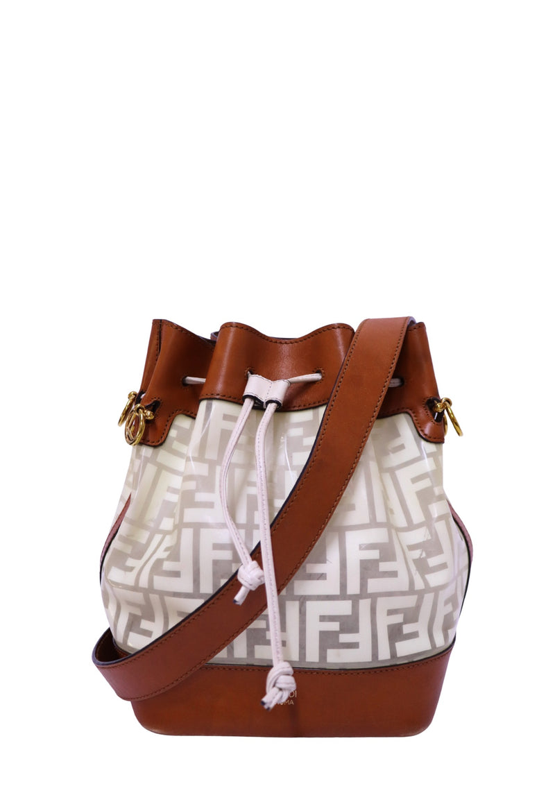Fendi Mon Tresor white FF logo bucket bag with brown leather trim and shoulder strap